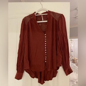 Free People Rust Canyon Rose Embroidered Yoke Shirt